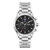 Moon-Phase Chronograph Watch – Men – Silver · Black Dial · Steel Bracelet – front