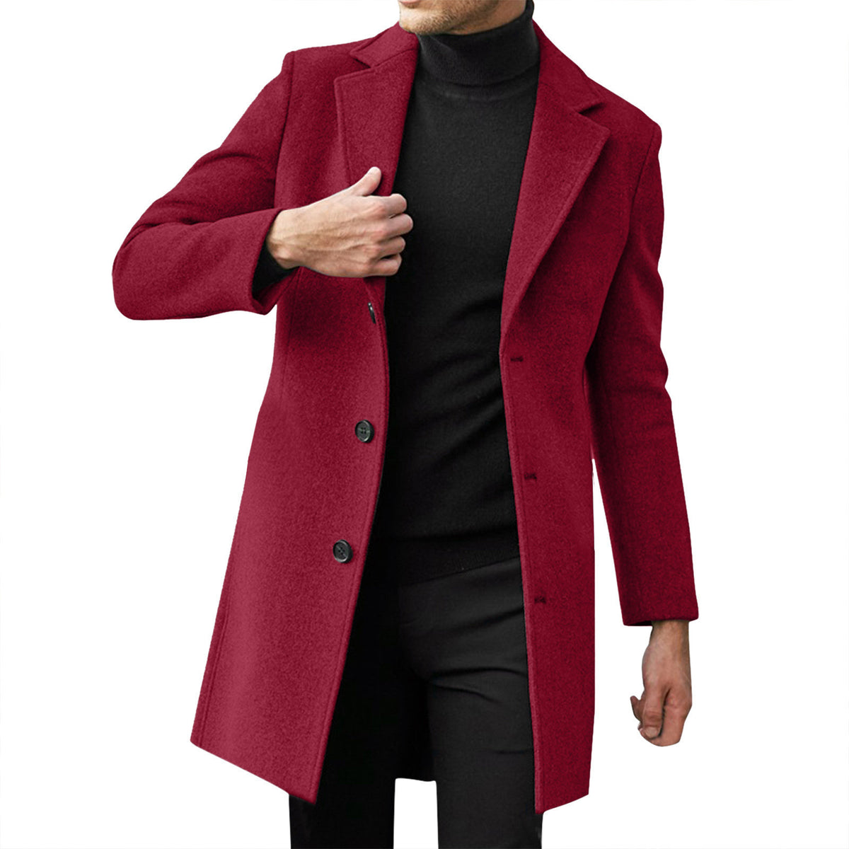 Single-Breasted Mid-Length Coat, Wool-Look – Men – Burgundy – front
