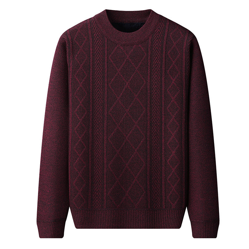 Fleece-Lined Chenille Cable Knit Crew Neck – Men – Burgundy – front