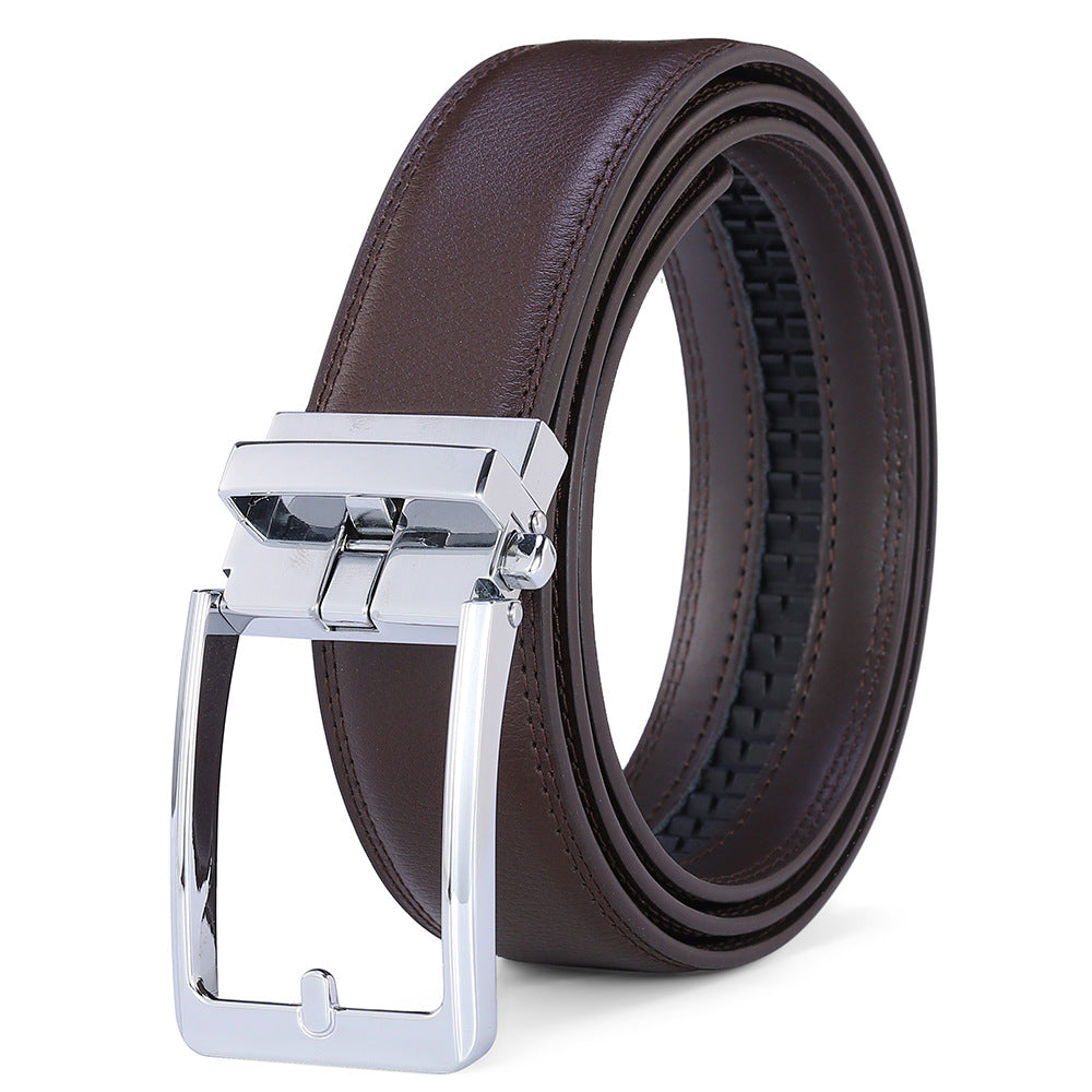 Leather Ratchet Belt, No Holes – Men – Brown · Silver Buckle – front