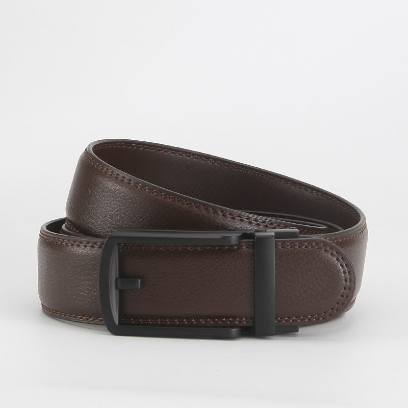 Leather Ratchet Belt, Slim Buckle – Men – Brown · Black Frame Buckle – front