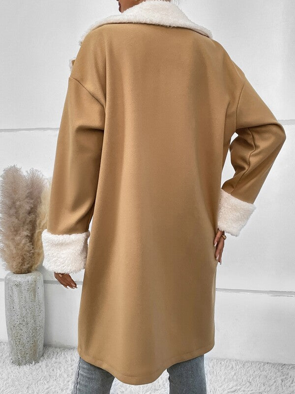 Double-Breasted Coat with Teddy Collar – Women – Camel – back, worn