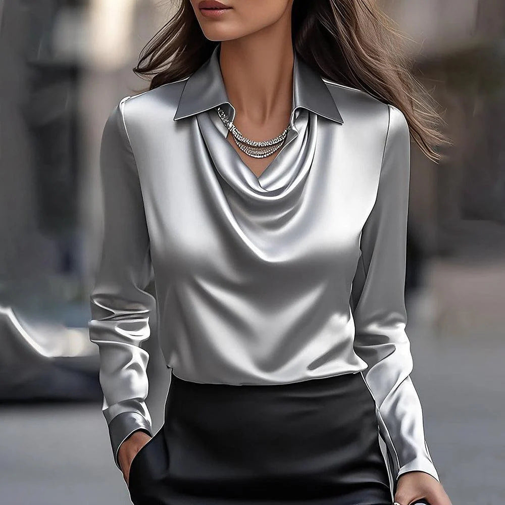 Satin Cowl-Neck Long-Sleeve Blouse – Women – Grey – worn