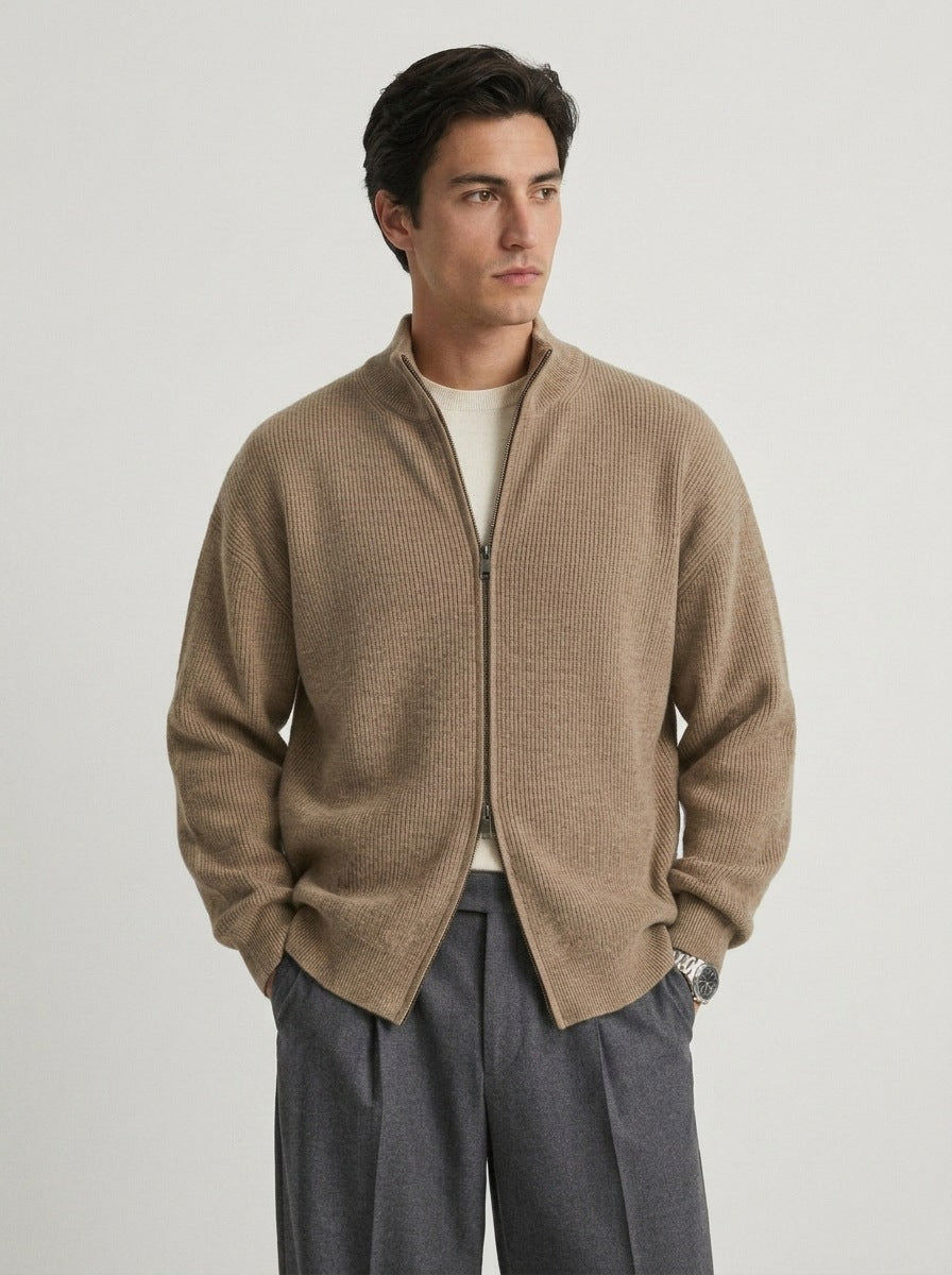 Stand-Collar Zip Knit Cardigan – Men – Camel – worn, open