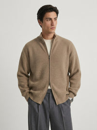 Stand-Collar Zip Knit Cardigan – Men – Camel – worn, open