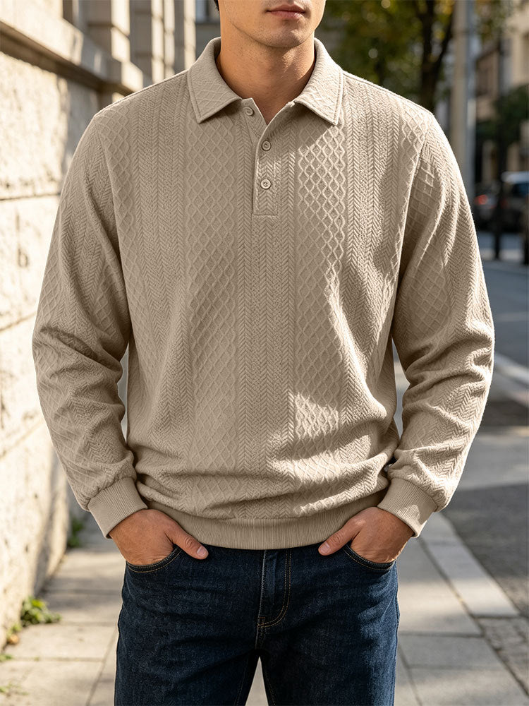 Diamond Jacquard Knit Polo, Long Sleeve – Men – Beige – worn