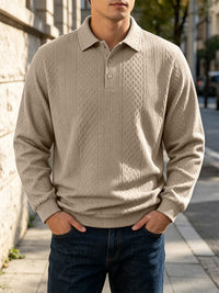 Diamond Jacquard Knit Polo, Long Sleeve – Men – Beige – worn
