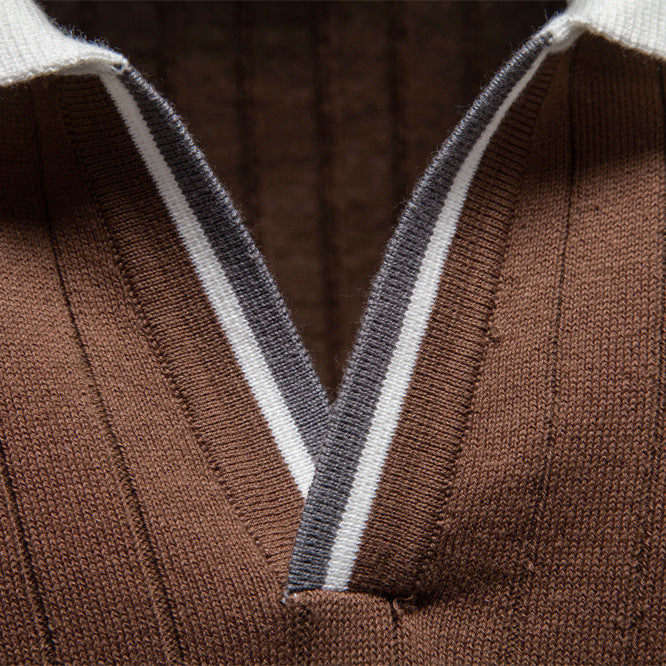 100% Cotton Ribbed Knit Polo, Open Collar – Men – Brown – collar detail