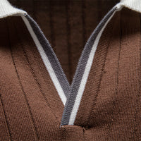 100% Cotton Ribbed Knit Polo, Open Collar – Men – Brown – collar detail