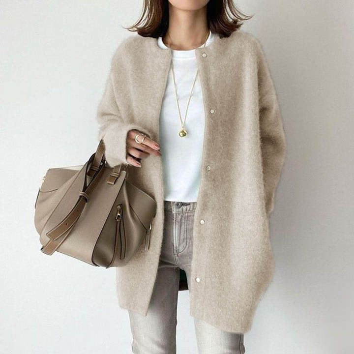 Long Round-Neck Knit Cardigan Coat – Women – Beige – worn