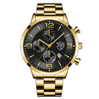 Doré · Cadran noir · Bracelet acier