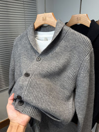 Shawl-Collar Ribbed Knit Cardigan – Men – Grey – front