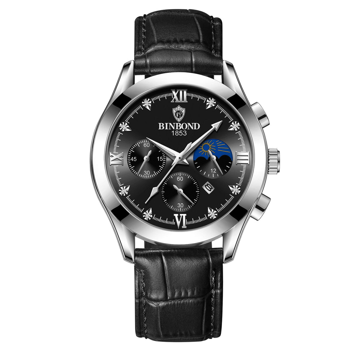Calendar Chronograph Watch, Luminous Hands – Men – Silver · Black Dial · Black Leather – front