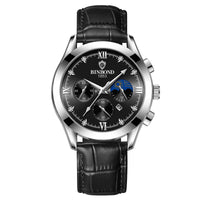 Calendar Chronograph Watch, Luminous Hands – Men – Silver · Black Dial · Black Leather – front