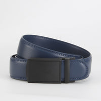 Leather Ratchet Belt, Slim Buckle – Men – Navy · Black Plate Buckle – front