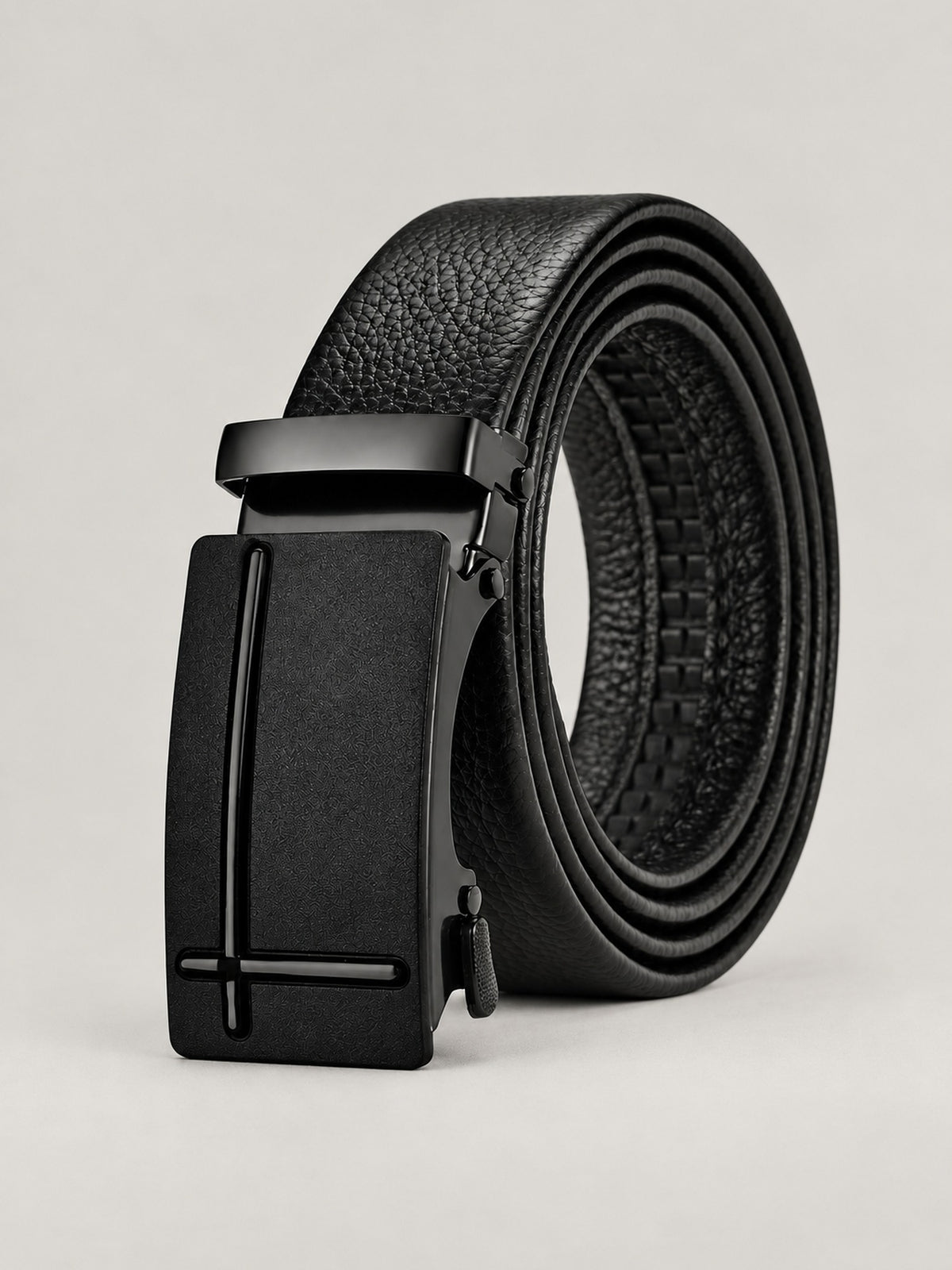 Automatic Plate Buckle Belt, Leather-Look – Men – Matte Black Plate – front
