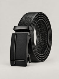 Automatic Plate Buckle Belt, Leather-Look – Men – Matte Black Plate – front