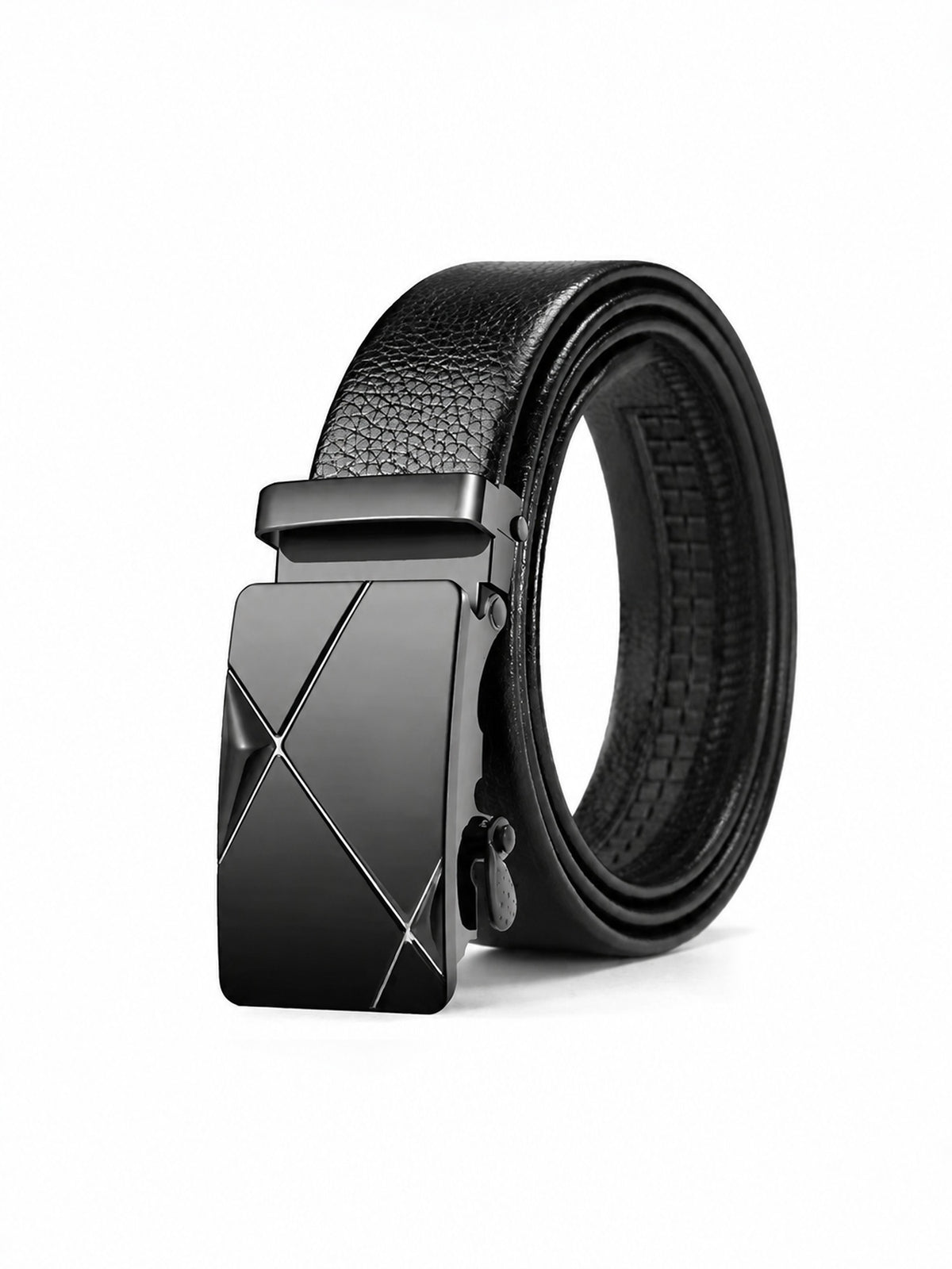 Automatic Plate Buckle Belt, Leather-Look – Men – Black Plate · Diagonal Line – front