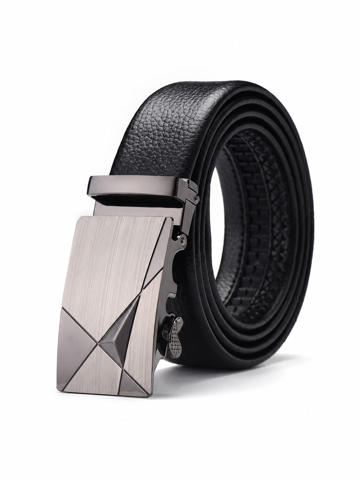 Automatic Plate Buckle Belt, Leather-Look – Men – Brushed Silver · Facets – front