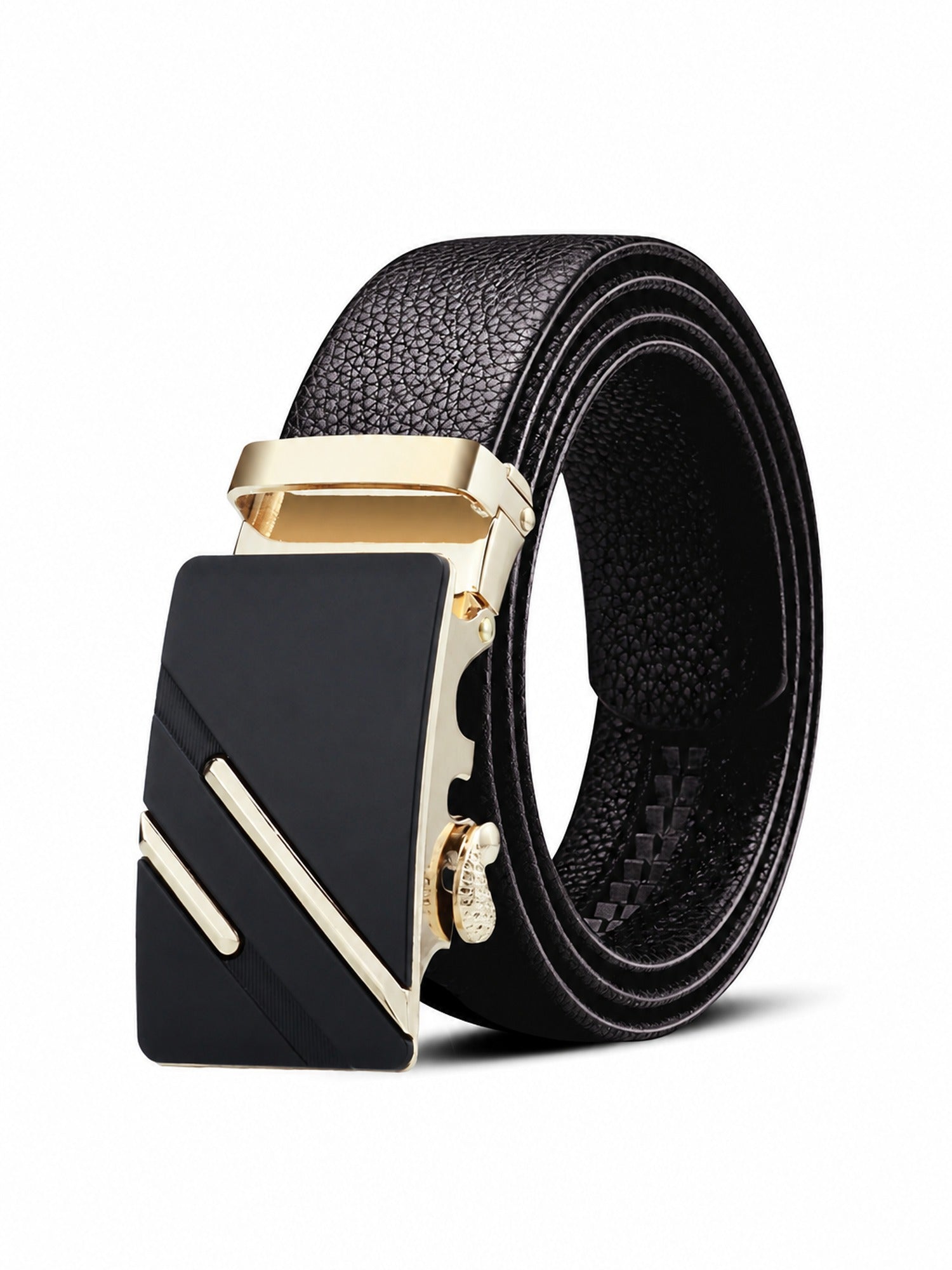 Automatic Plate Buckle Belt, Leather-Look – Men – Black Plate · Gold Bars – front