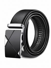 Automatic Plate Buckle Belt, Leather-Look – Men – Black & Silver Plate – front