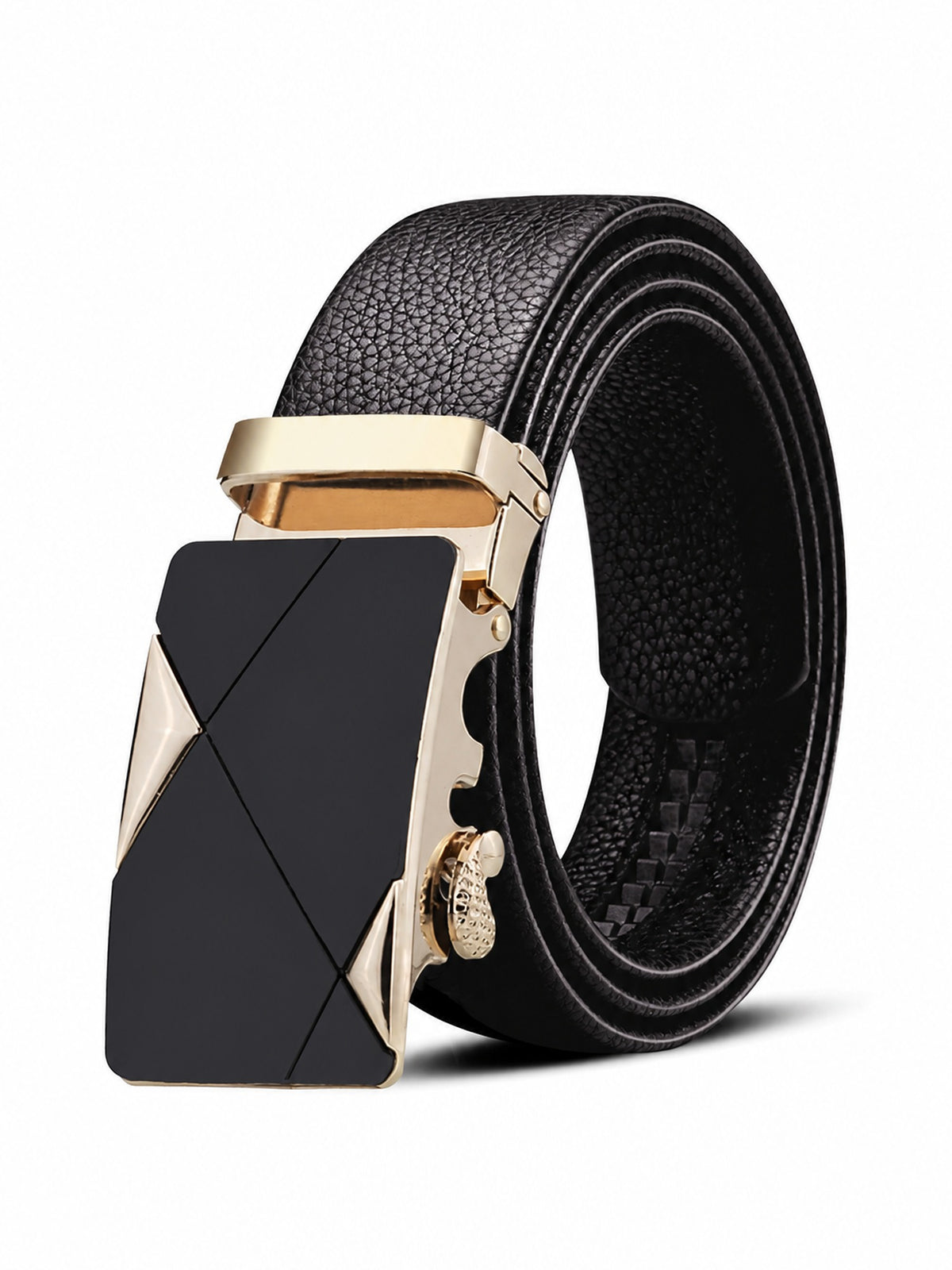 Automatic Plate Buckle Belt, Leather-Look – Men – Black & Gold Plate – front