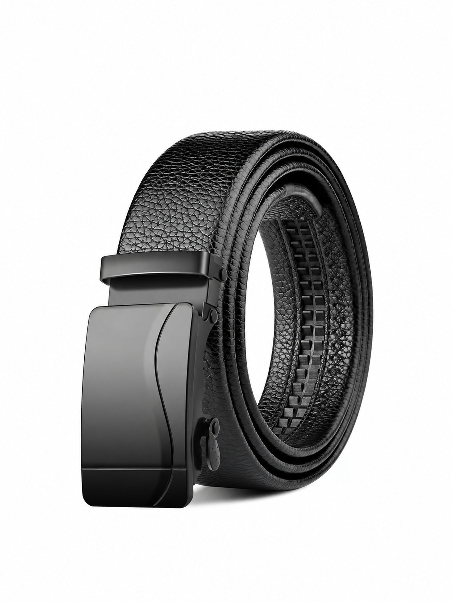 Automatic Plate Buckle Belt, Leather-Look – Men – Black Curved Plate – front
