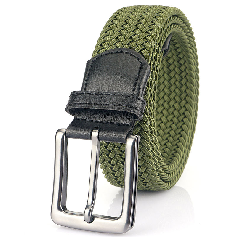 Braided Stretch Belt, Pin Buckle – Men – Olive – front