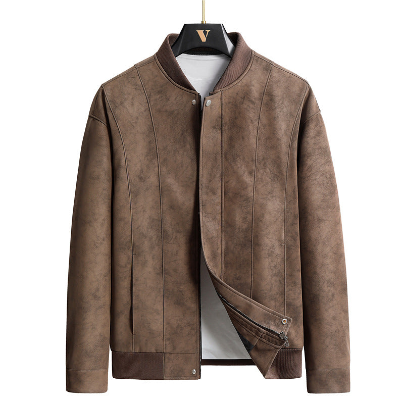 Suede-Look Baseball-Collar Jacket – Men – Brown – front