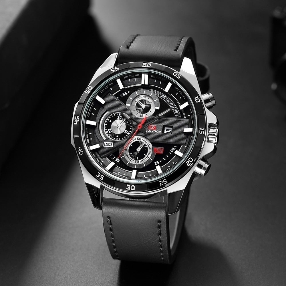 Sport Chronograph Watch, Leather or Steel – Men – Silver · Black Dial · Black Leather – lifestyle