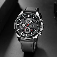 Sport Chronograph Watch, Leather or Steel – Men – Silver · Black Dial · Black Leather – lifestyle