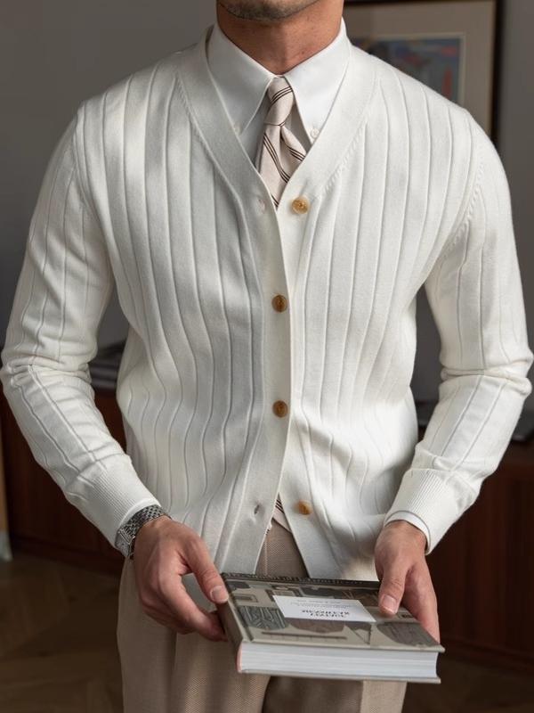 Wide-Rib V-Neck Button Cardigan – Men – Cream – worn, with book