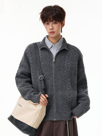Cable Knit Zip Cardigan, Stand Collar, Relaxed Fit – Men – Charcoal – worn
