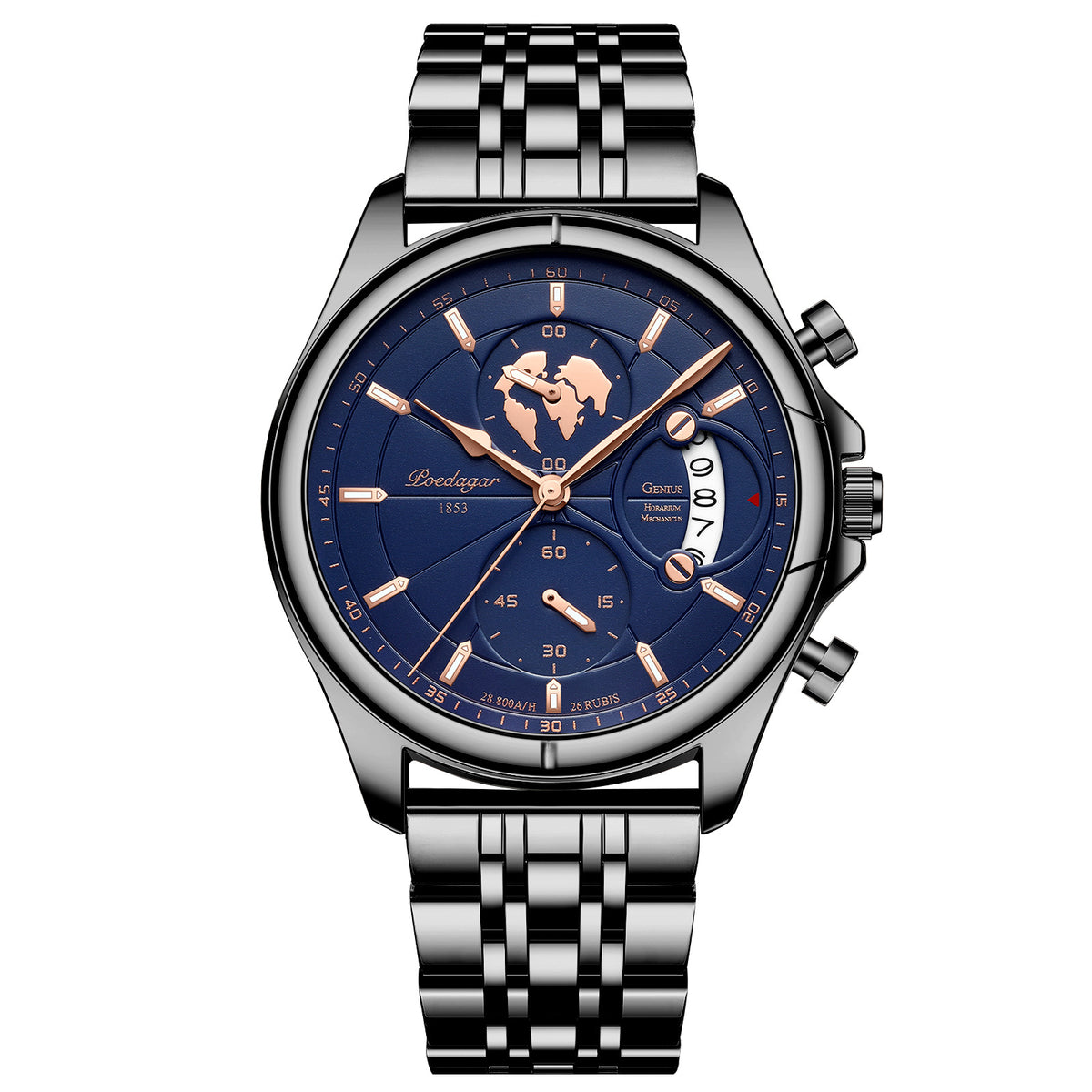 Chronograph Watch, Sapphire Glass, Leather or Steel – Men – Black · Blue Dial · Steel Bracelet – front