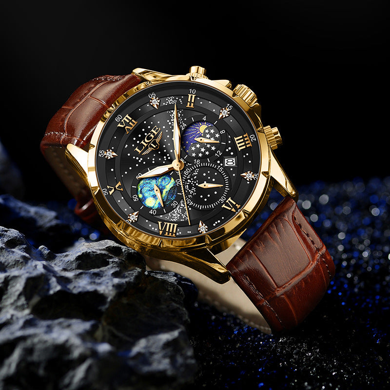 Moon-Phase Starry Dial Watch – Men – Gold · Black Dial · Brown Leather – lifestyle