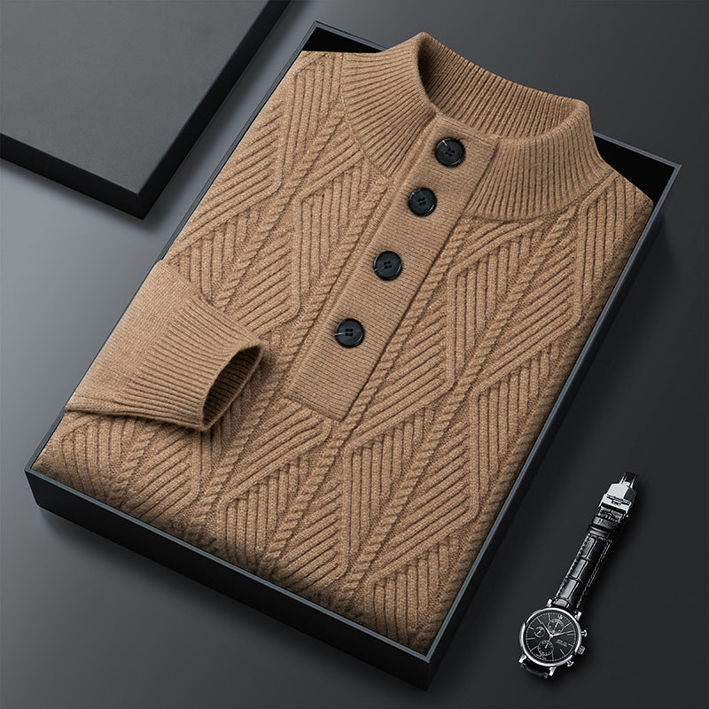 Diamond-Knit Button Stand-Collar Sweater – Men – Camel – folded