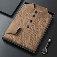 Diamond-Knit Button Stand-Collar Sweater – Men – Camel – folded