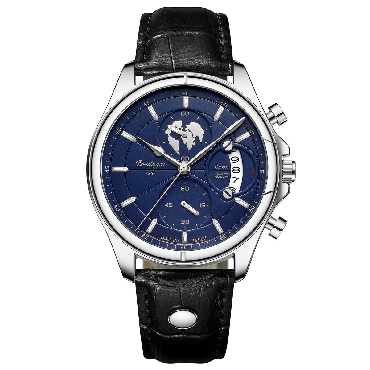 Chronograph Watch, Sapphire Glass, Leather or Steel – Men – Silver · Blue Dial · Black Leather – front
