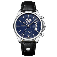 Chronograph Watch, Sapphire Glass, Leather or Steel – Men – Silver · Blue Dial · Black Leather – front