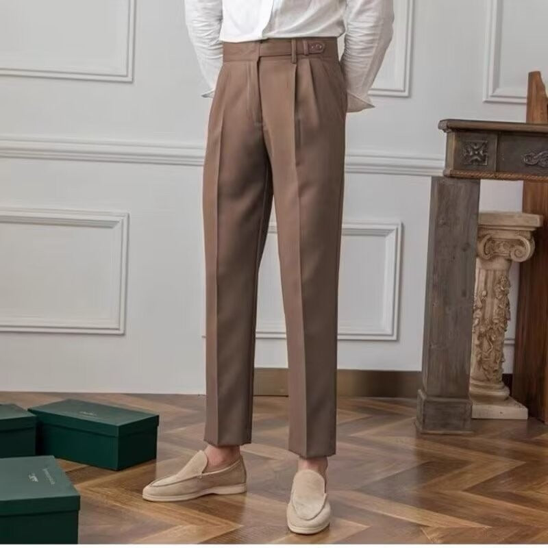 High-Waist Cropped Pleated Trousers, Button Tab – Men – Brown – worn, full length