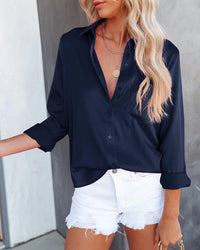 Satin Button-Up Shirt with Pocket – Women – Navy – worn