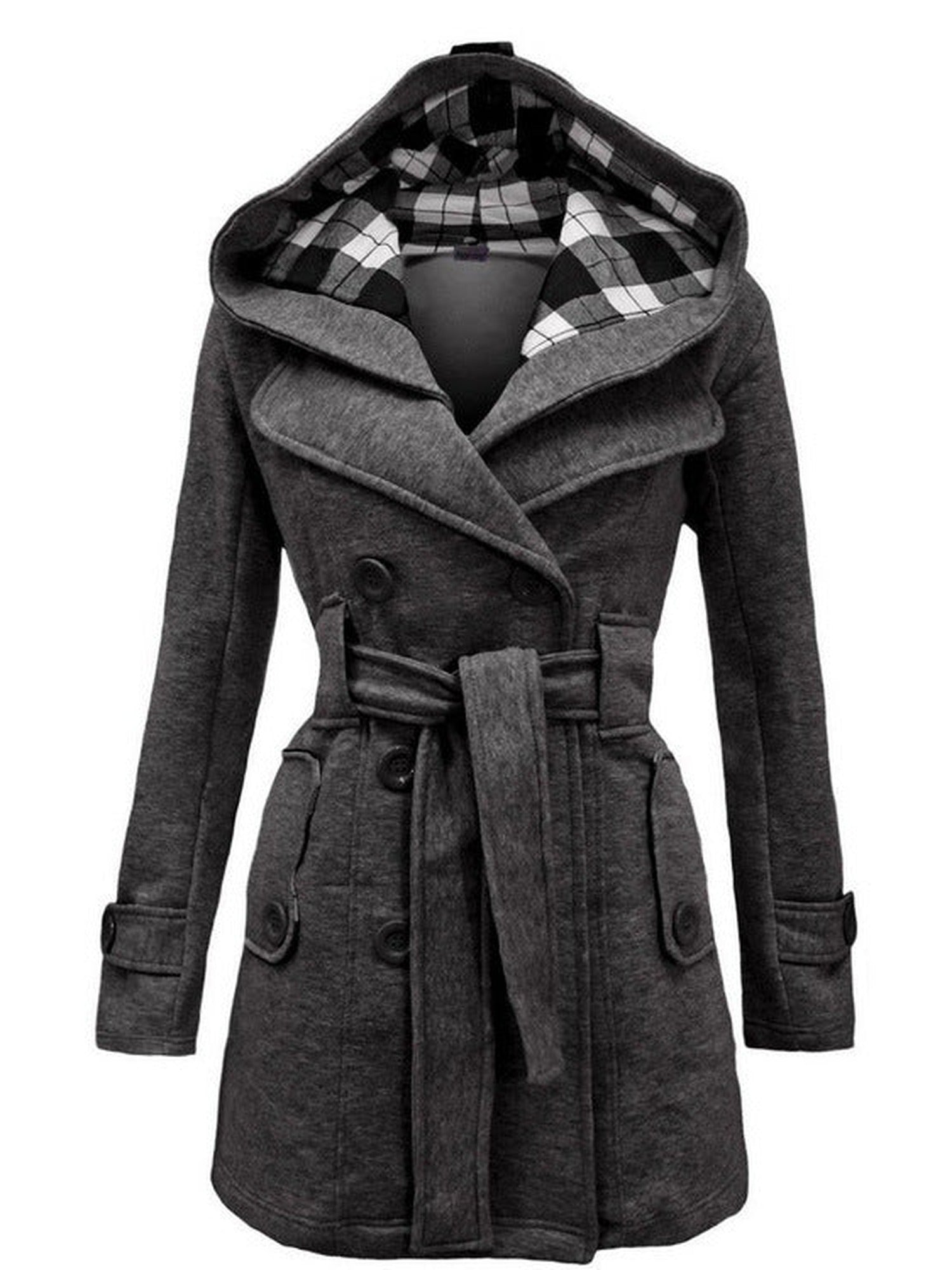 90–95% Polyester Belted Coat, Check-Lined Hood – Women – Charcoal – front