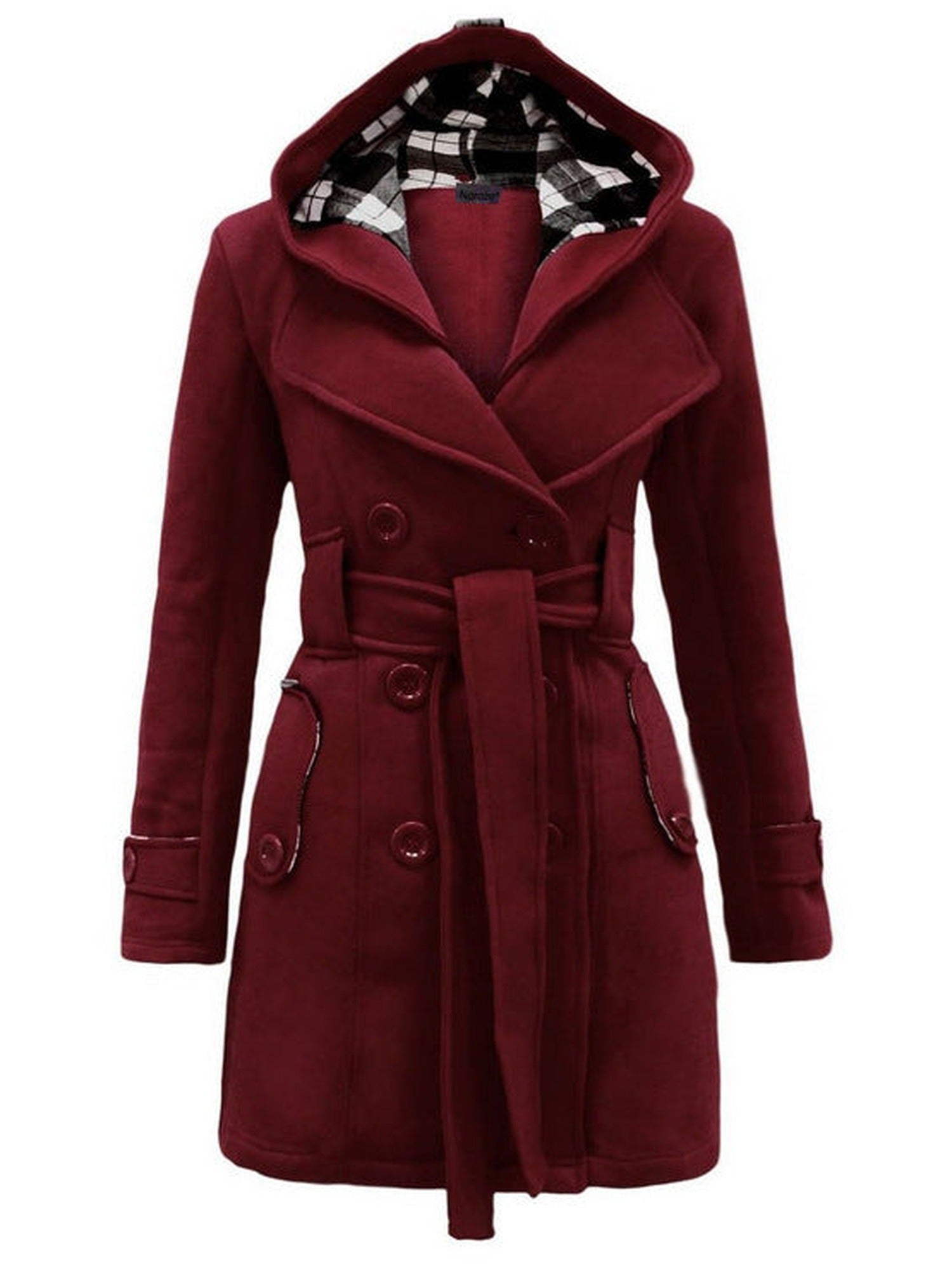 90–95% Polyester Belted Coat, Check-Lined Hood – Women – Burgundy – front