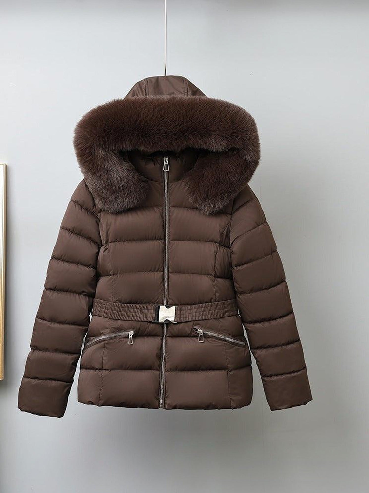 Belted Puffer Jacket, Faux-Fur Hood – Women – Chocolate – front