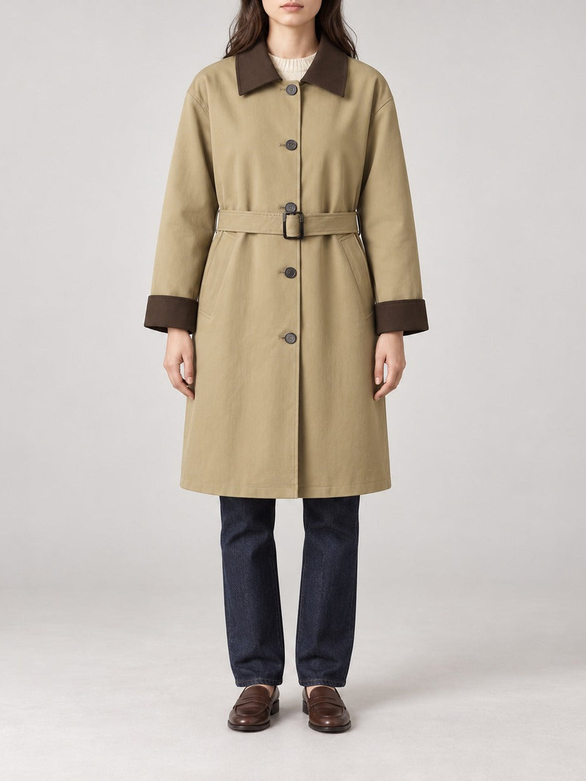 Belted Trench Coat, Contrast Collar – Women – Beige – worn