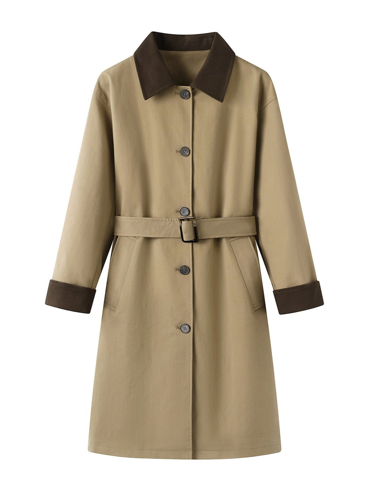 Belted Trench Coat, Contrast Collar – Women – Beige – front