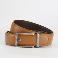 Leather Ratchet Belt, Slim Buckle – Men – Tan · Silver Frame Buckle – front