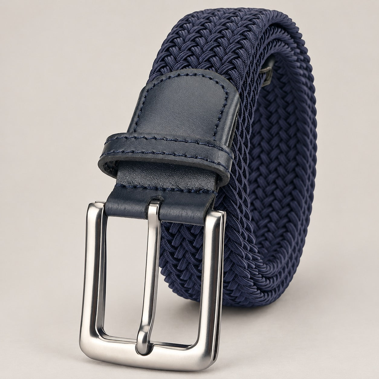 Braided Stretch Belt, Pin Buckle – Men – Navy – front