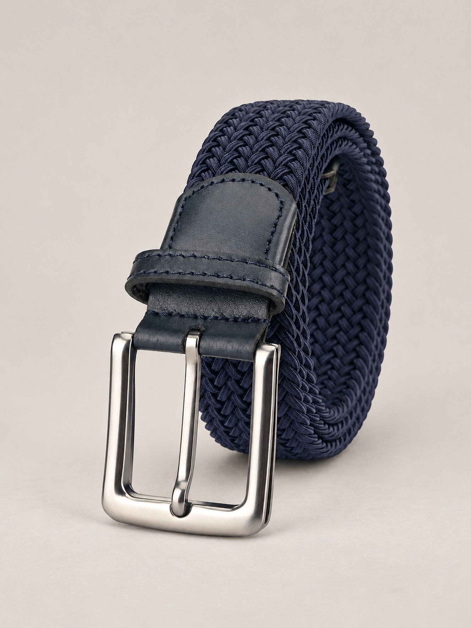 Braided Stretch Belt, Pin Buckle – Men – Navy – front