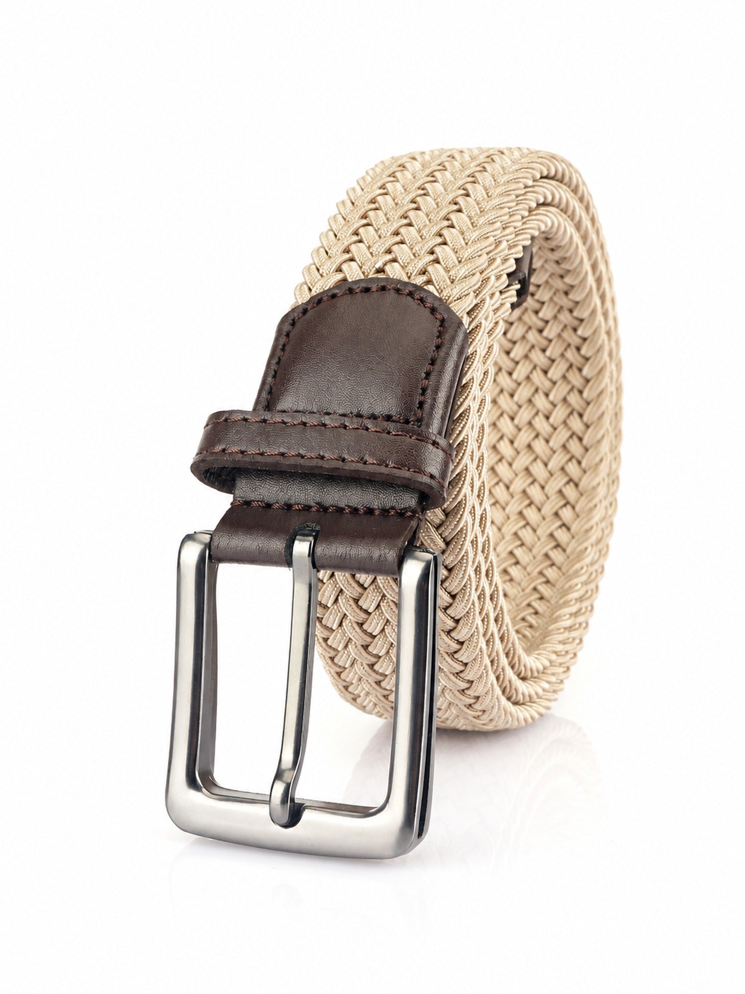 Braided Stretch Belt, Pin Buckle – Men – Beige – front